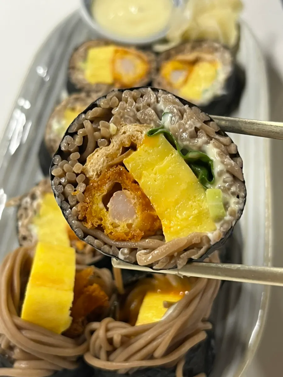 A plate of Sorori's shrimp buckwheat gimbap