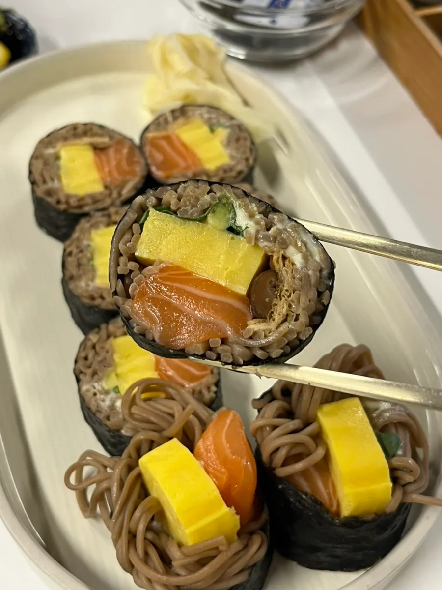 A plate of Sorori's salmon buckwheat gimbap
