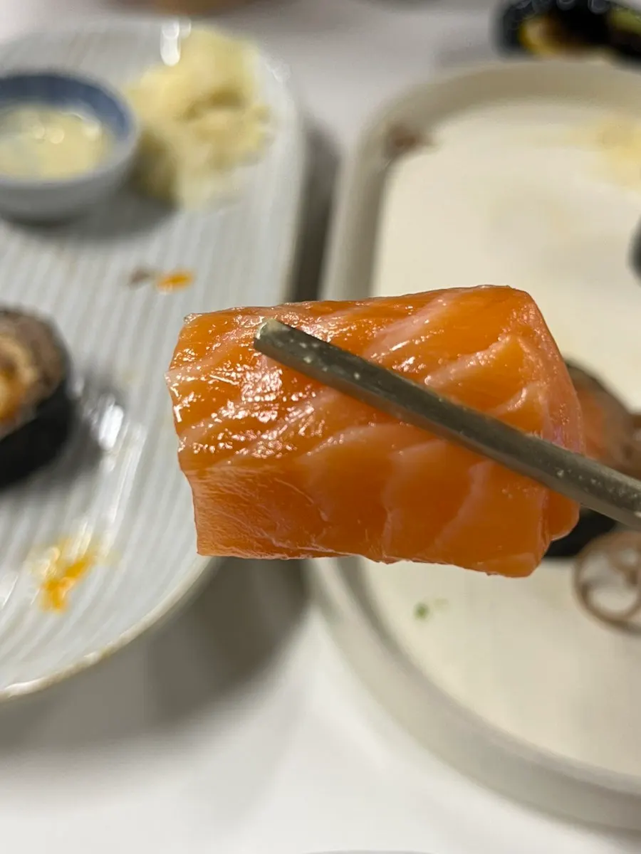 Close-up of a piece of salmon buckwheat gimbap