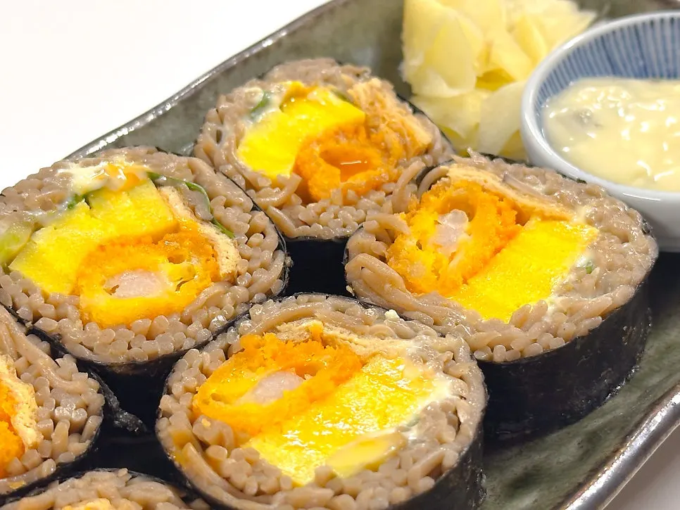 Shrimp buckwheat gimbap made with buckwheat noodles instead of rice