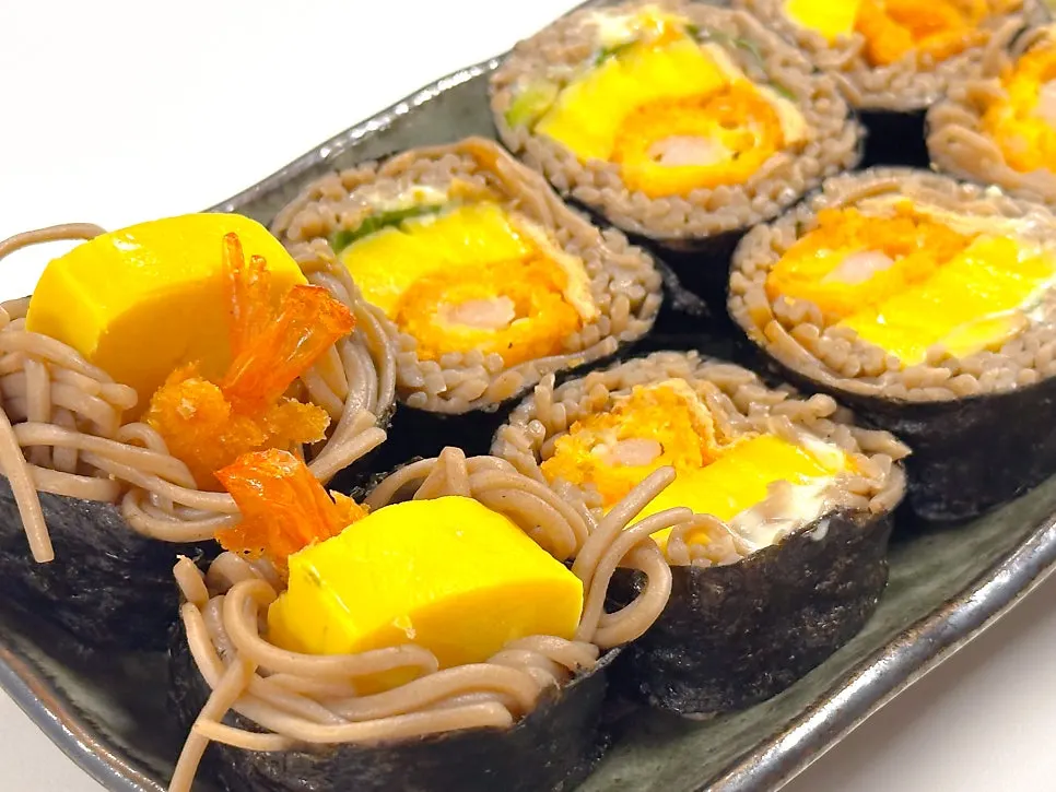 Cross-section of buckwheat gimbap showing shrimp and egg