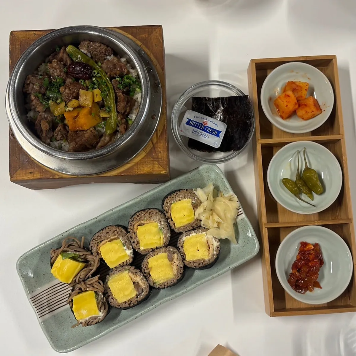 Pot rice and buckwheat gimbap table setting at Sorori Cheongju Main Branch on Seongan-gil, Cheongju