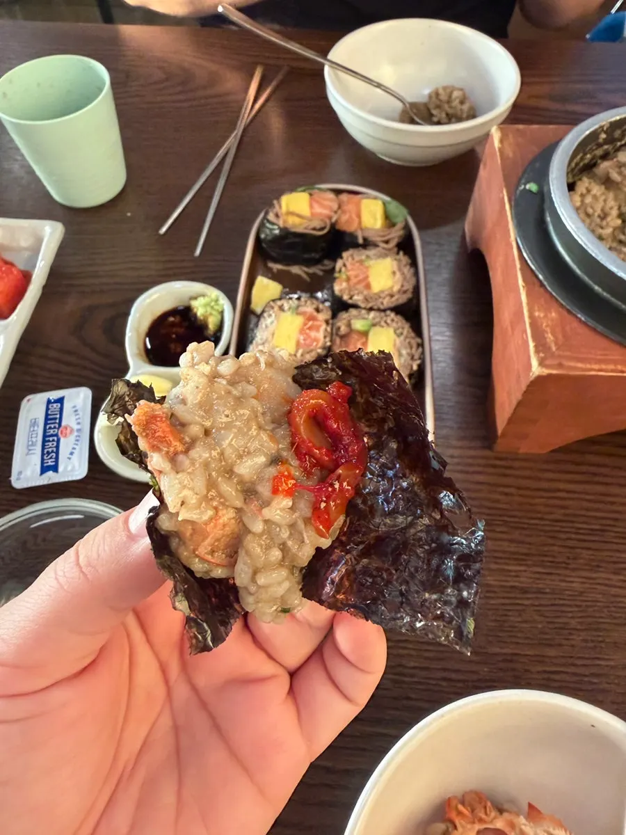 Crab sotbap wrapped in seaweed with squid jeotgal