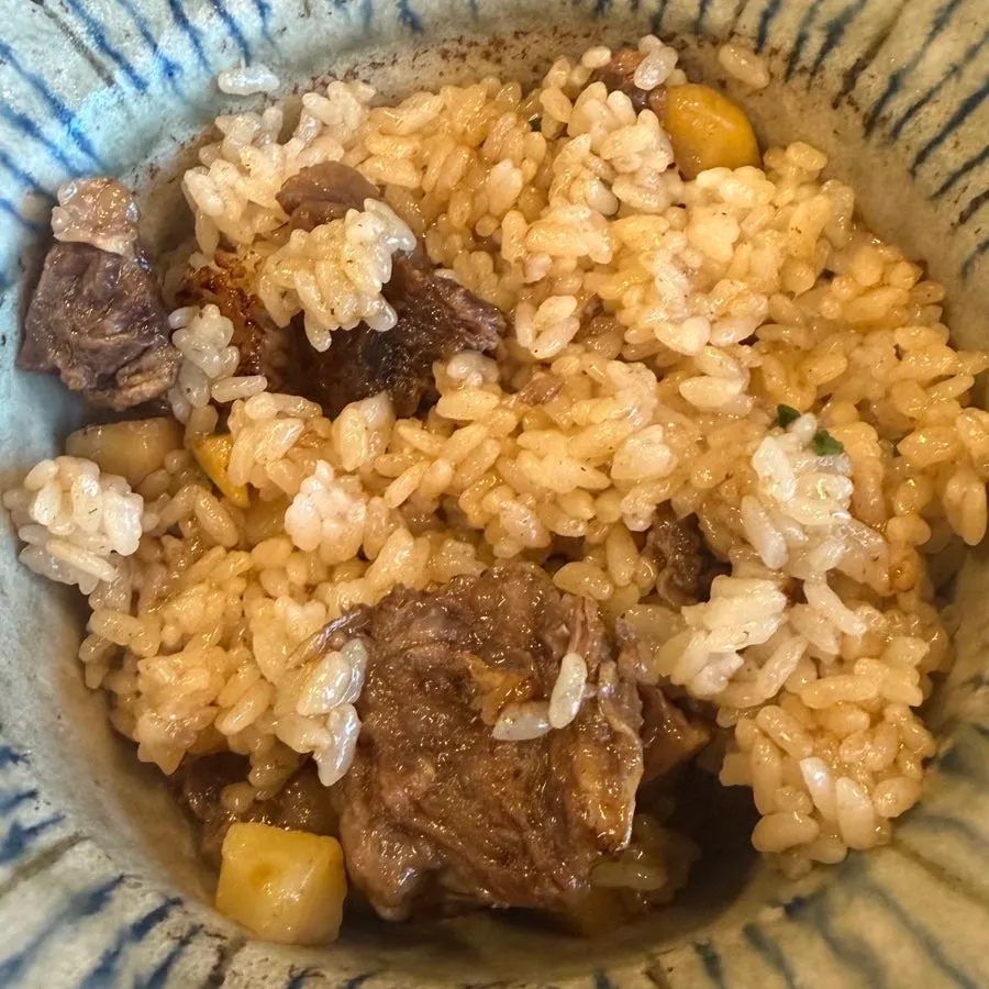 Tender beef rib pulling apart along the grain