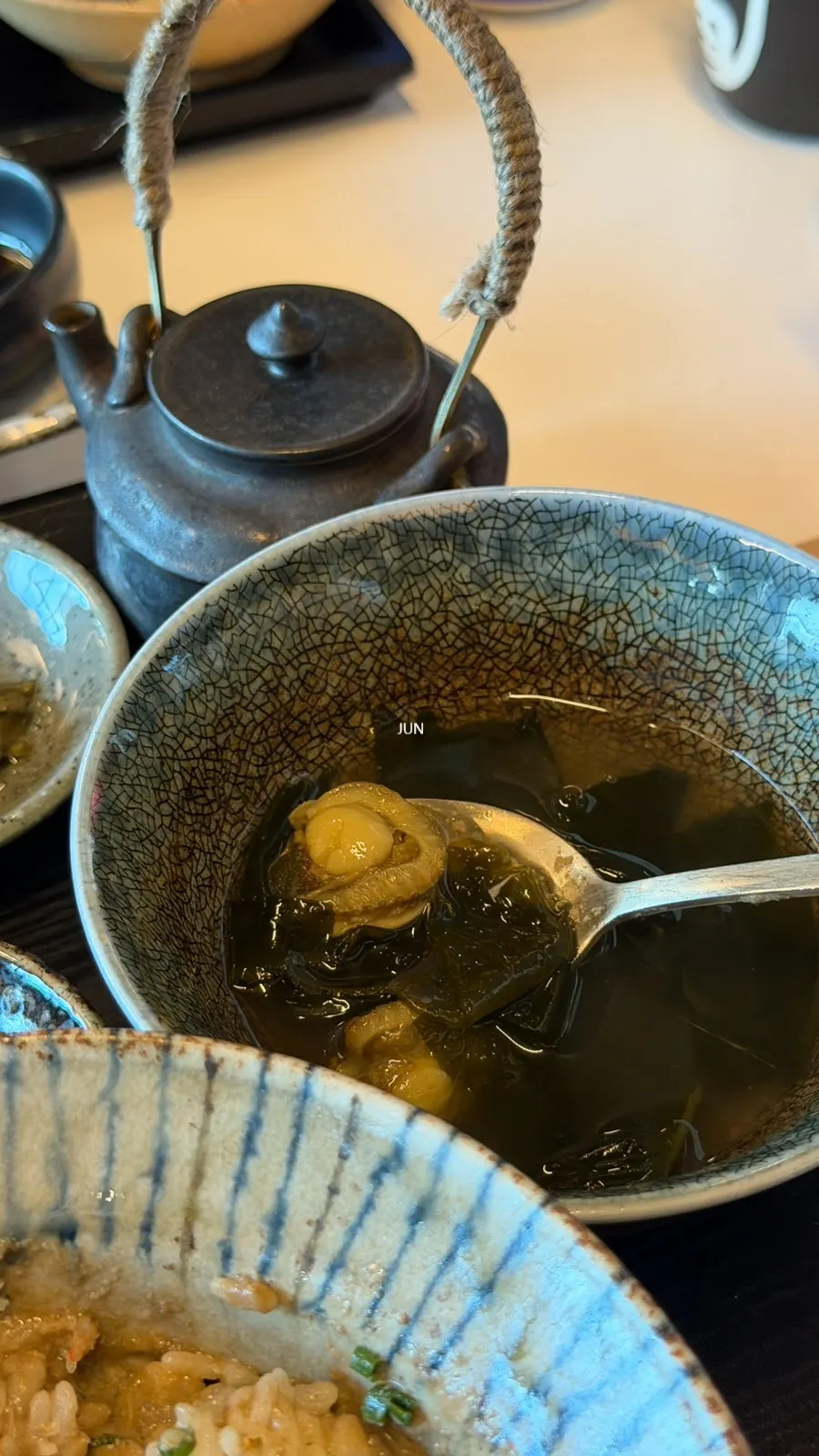 Seaweed soup served alongside mentaiko butter pot rice