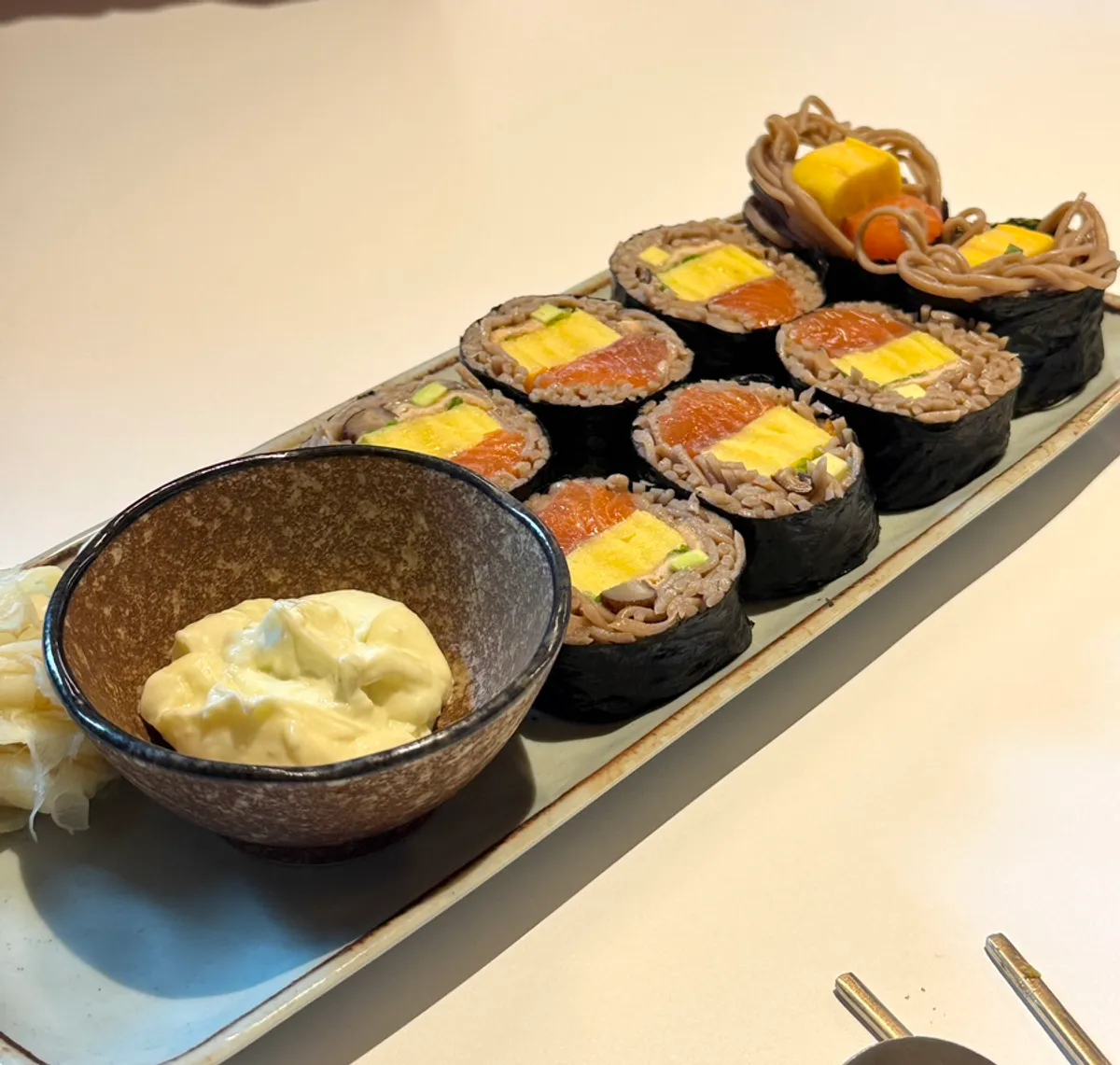 Raw salmon buckwheat gimbap with a sushi-like feel