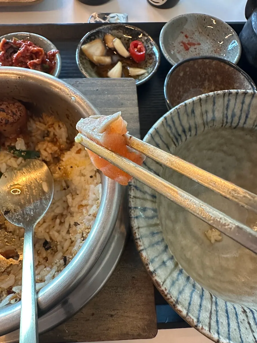 Solo table setup with both pot rice and gimbap