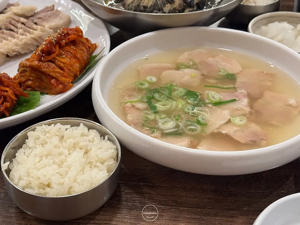 Close-up of boiled pork and green onion inside the suyuk gukbap