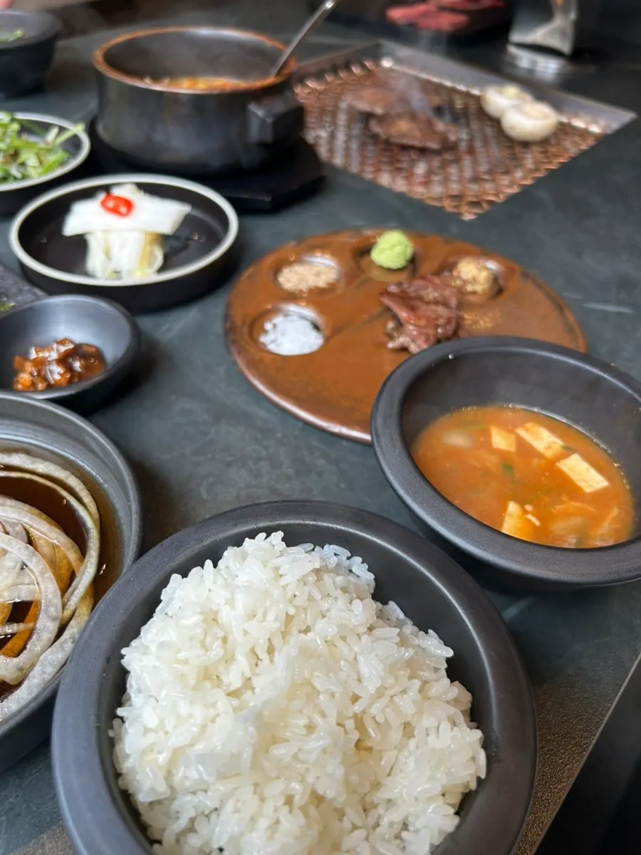 Close-up of the savory doenjang jjigae broth