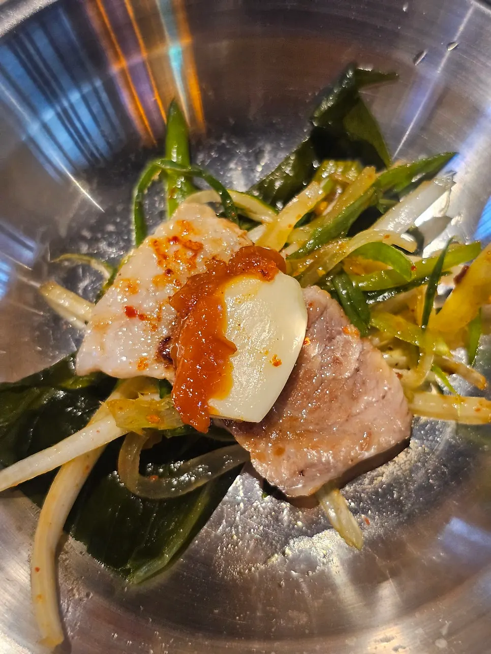 Pork belly dipped in wasabi garlic sauce