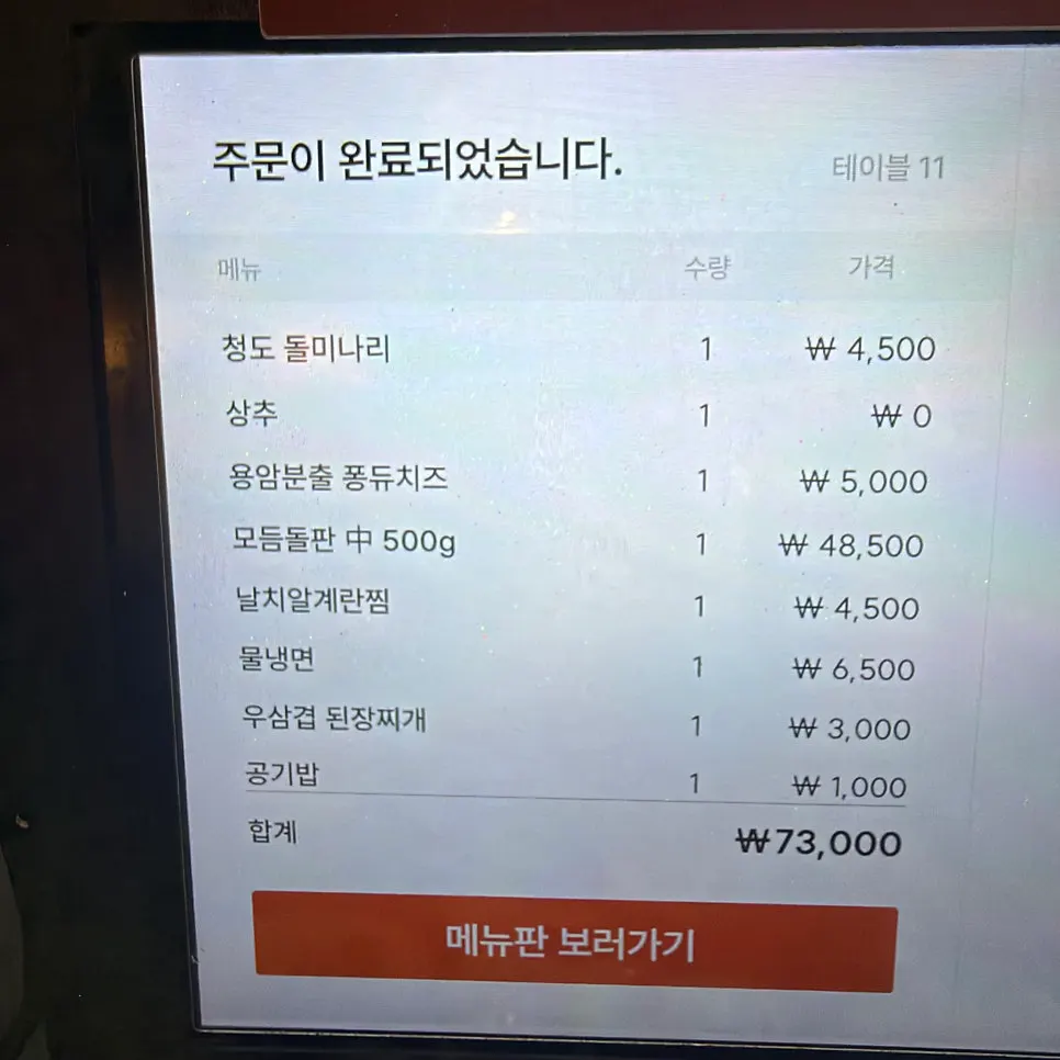 The menu items ordered that day at Ssosam 208 Suwon Station Branch