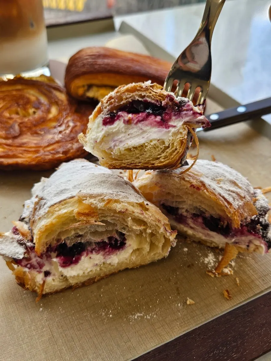 Cross-section of croissant packed with ricotta cheese