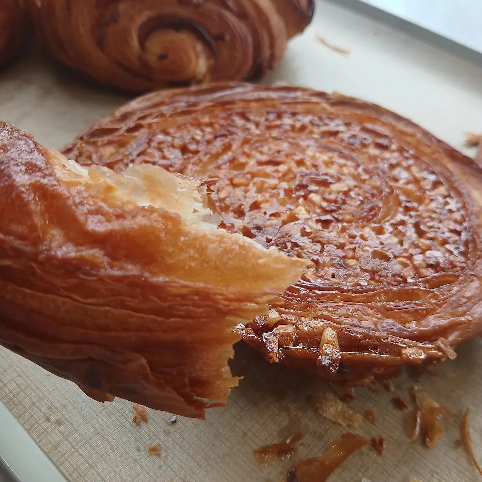 Cross-section of a sweet crisp kouign-amann