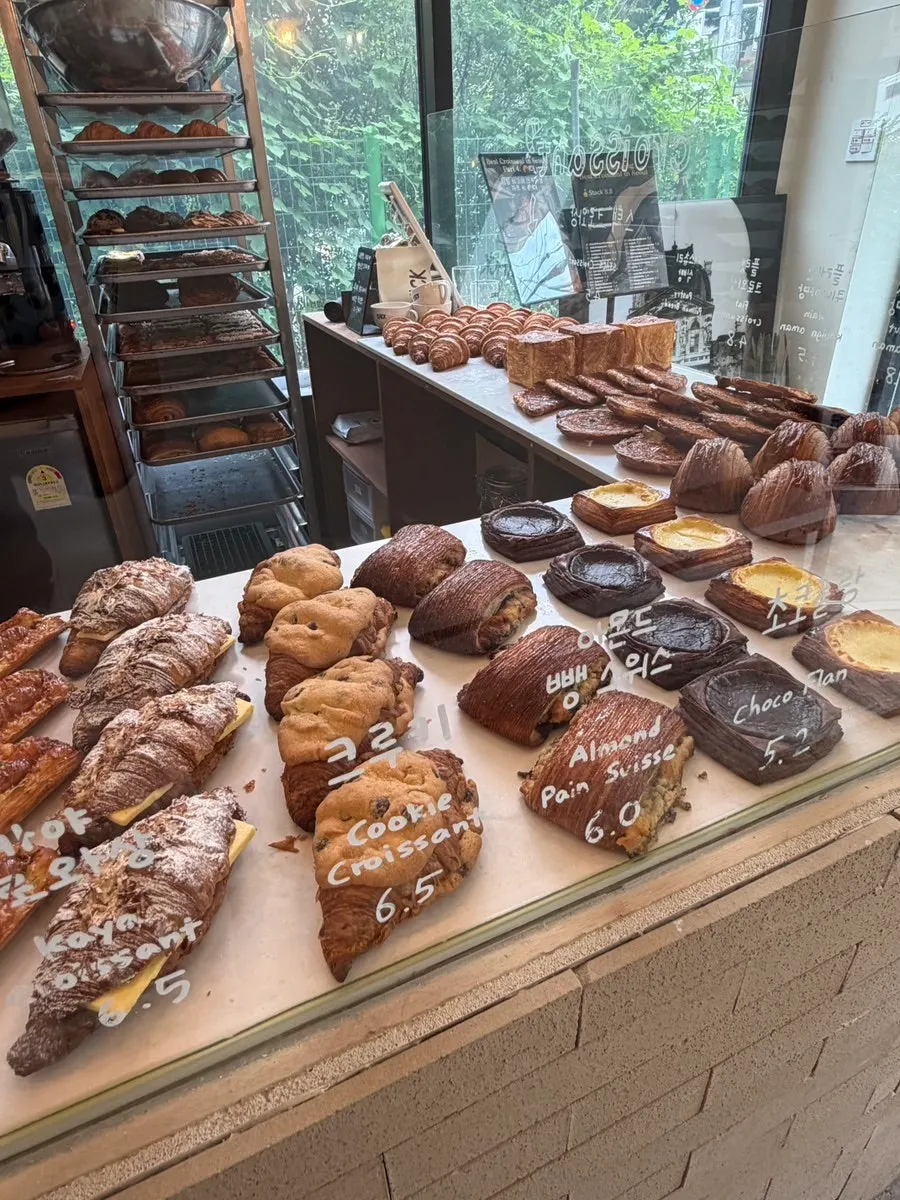 Croissants and pastries on display