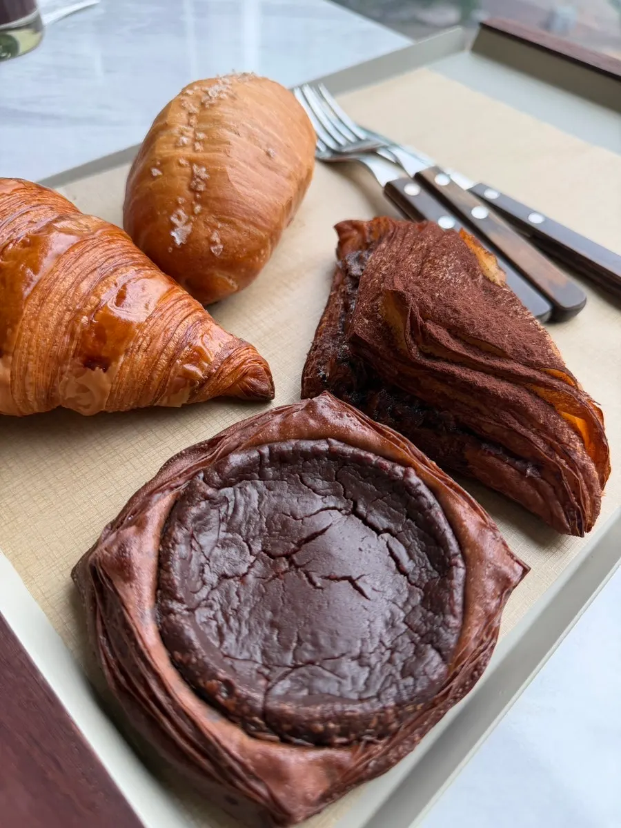 Plate with croissant and choco flan