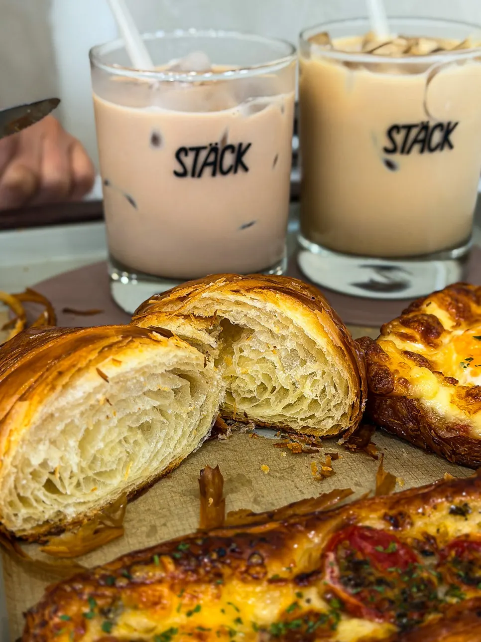 Cross-section of croissant with shattering outer layer