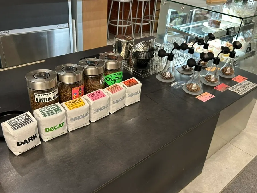 Coffee beans displayed at the store entrance