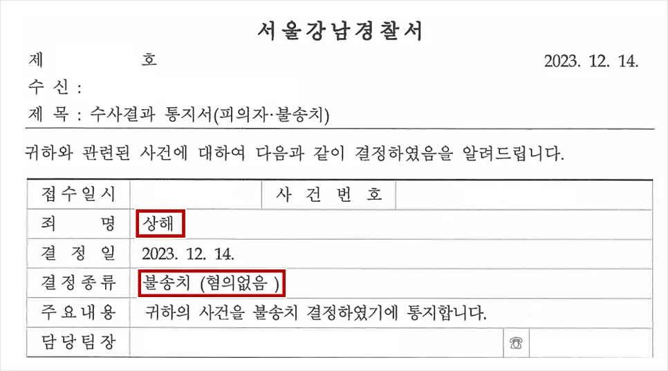 성병 전염 상해죄 피의자 불송치 수사결과 통지서