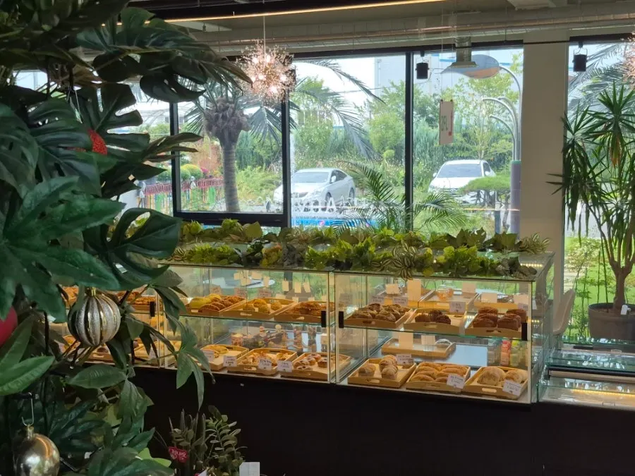 Bakery display case with a variety of breads