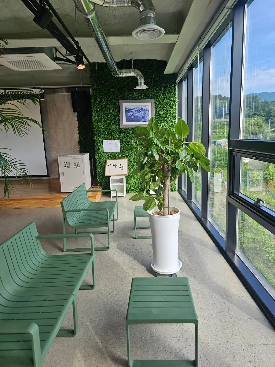 3rd floor meeting space with a stage and projector