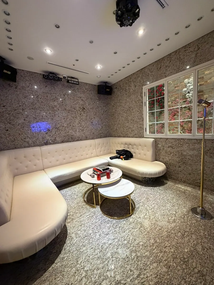 Spacious Gold Room seating and karaoke machine