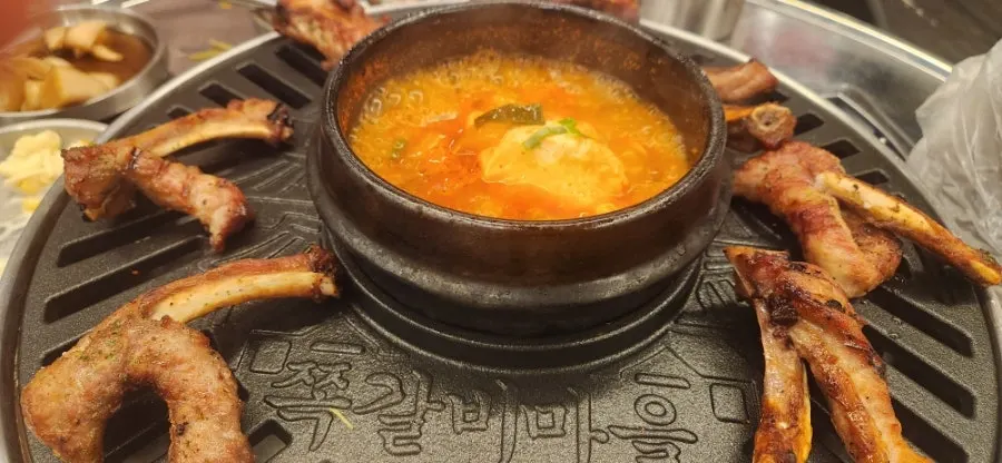 Close-up of nicely browned garae-tteok rice cake