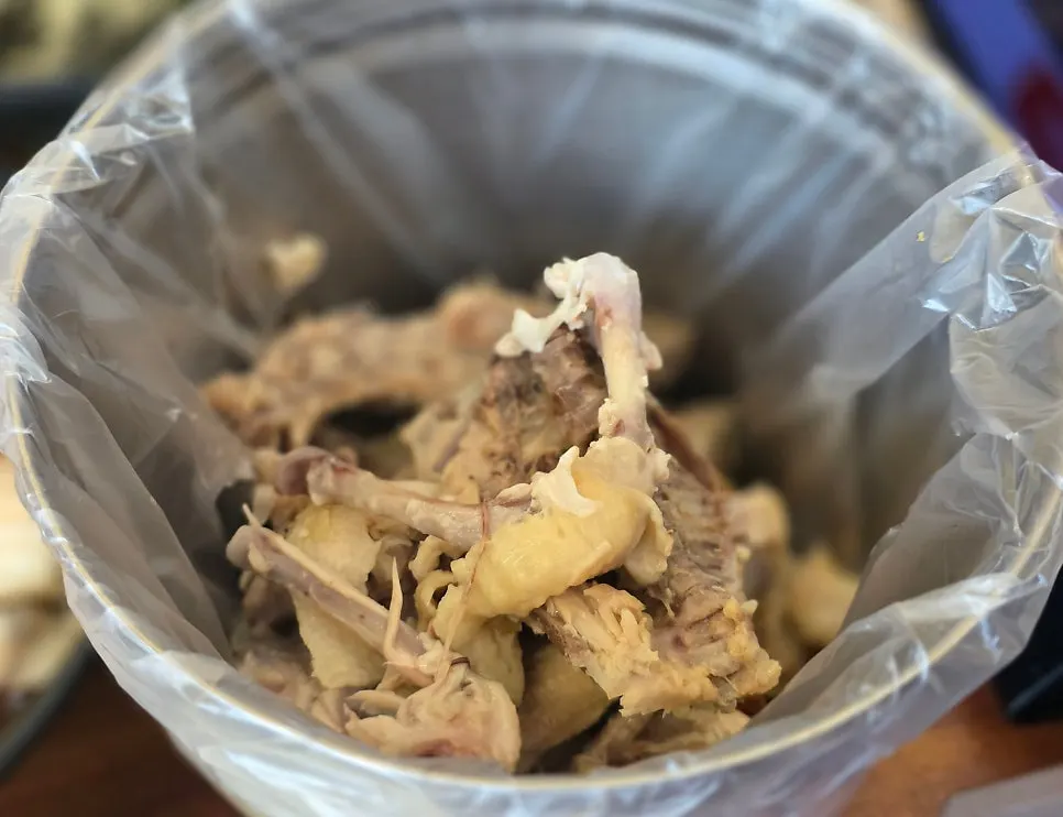 Plate of leftover chicken bones after finishing the meal