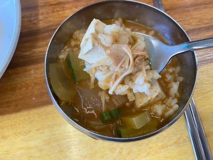 Lunch table finished with rice and doenjang jjigae