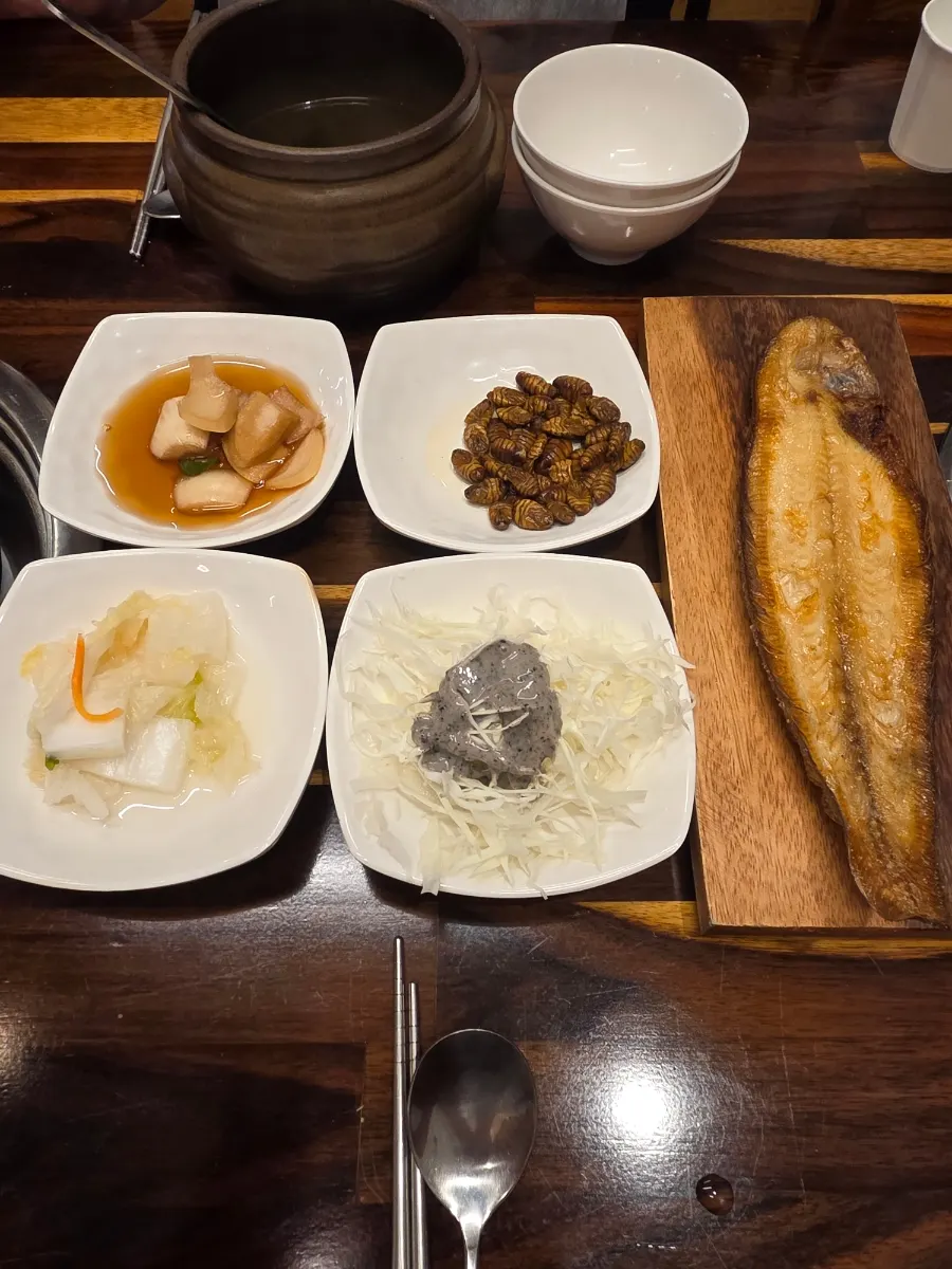 Basic banchan spread including fish side dish