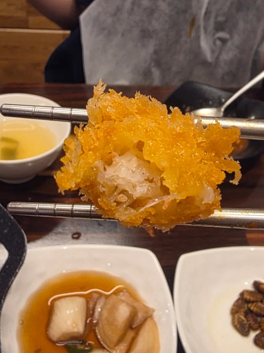 Cross-section of a bitten shrimp tempura
