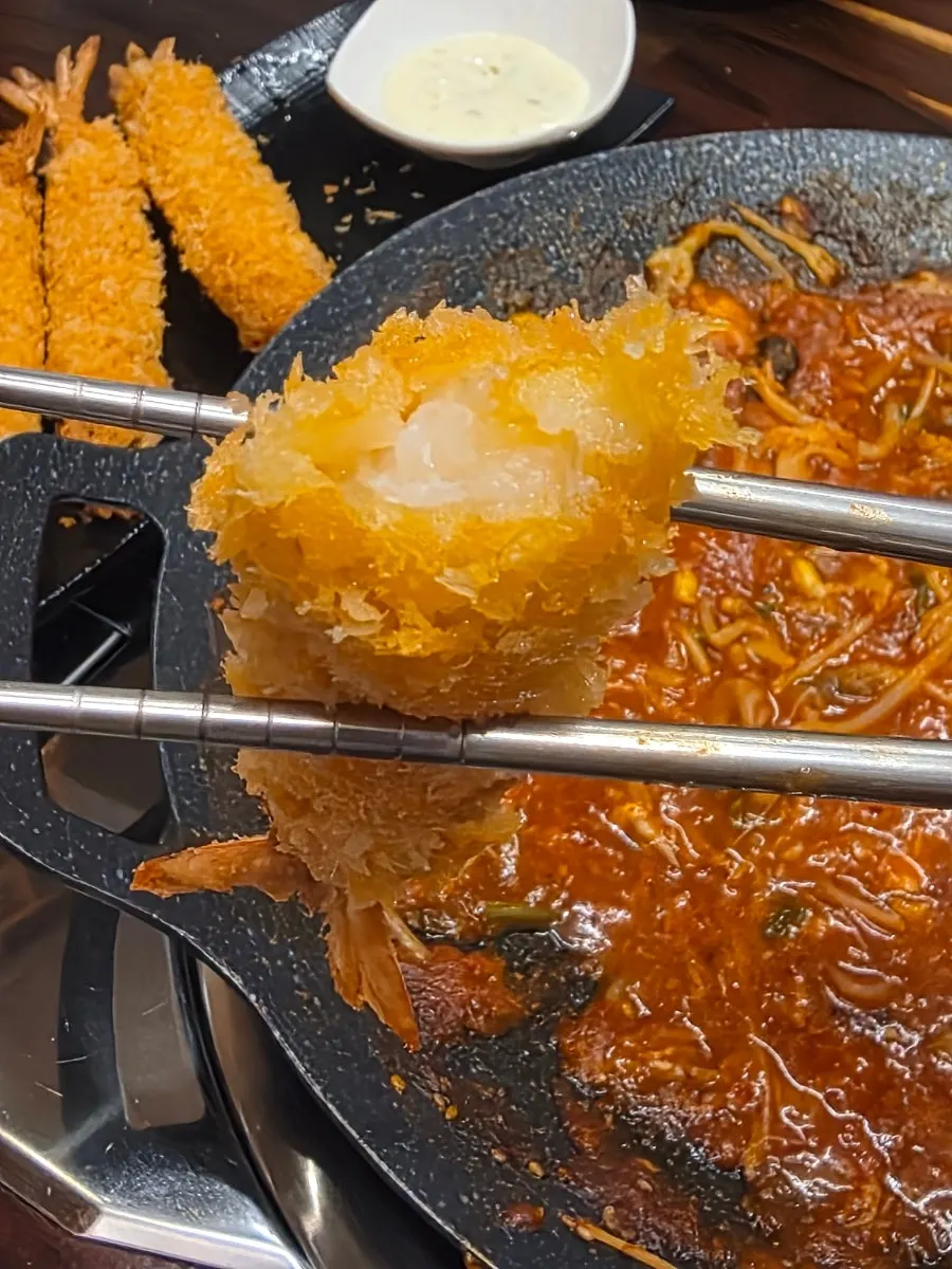 Close-up of the crispy fried shrimp tempura