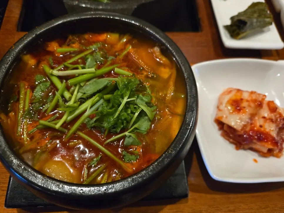 A spicy bowl of hanwoo hangover noodle soup