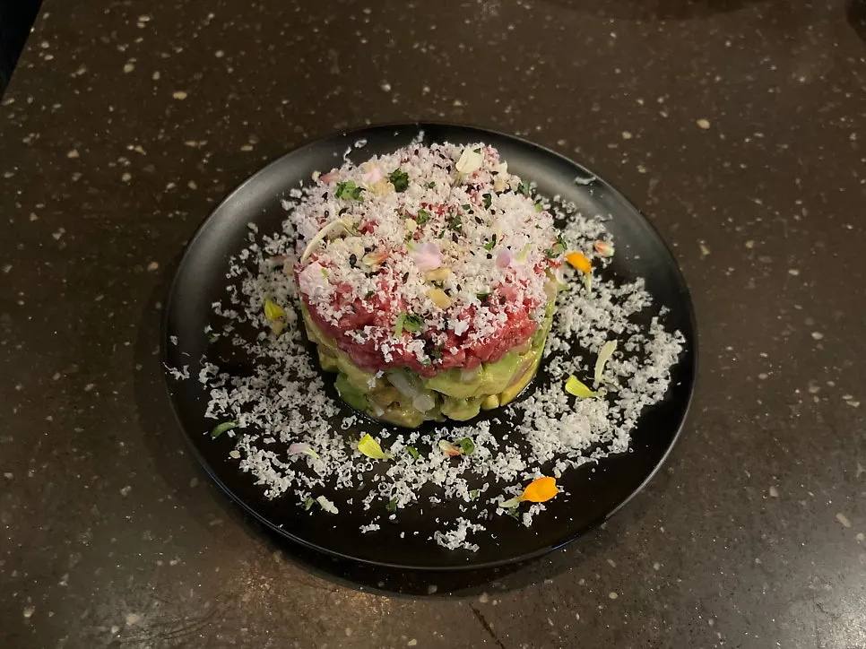 Close-up of hanwoo eye of round and avocado tartare