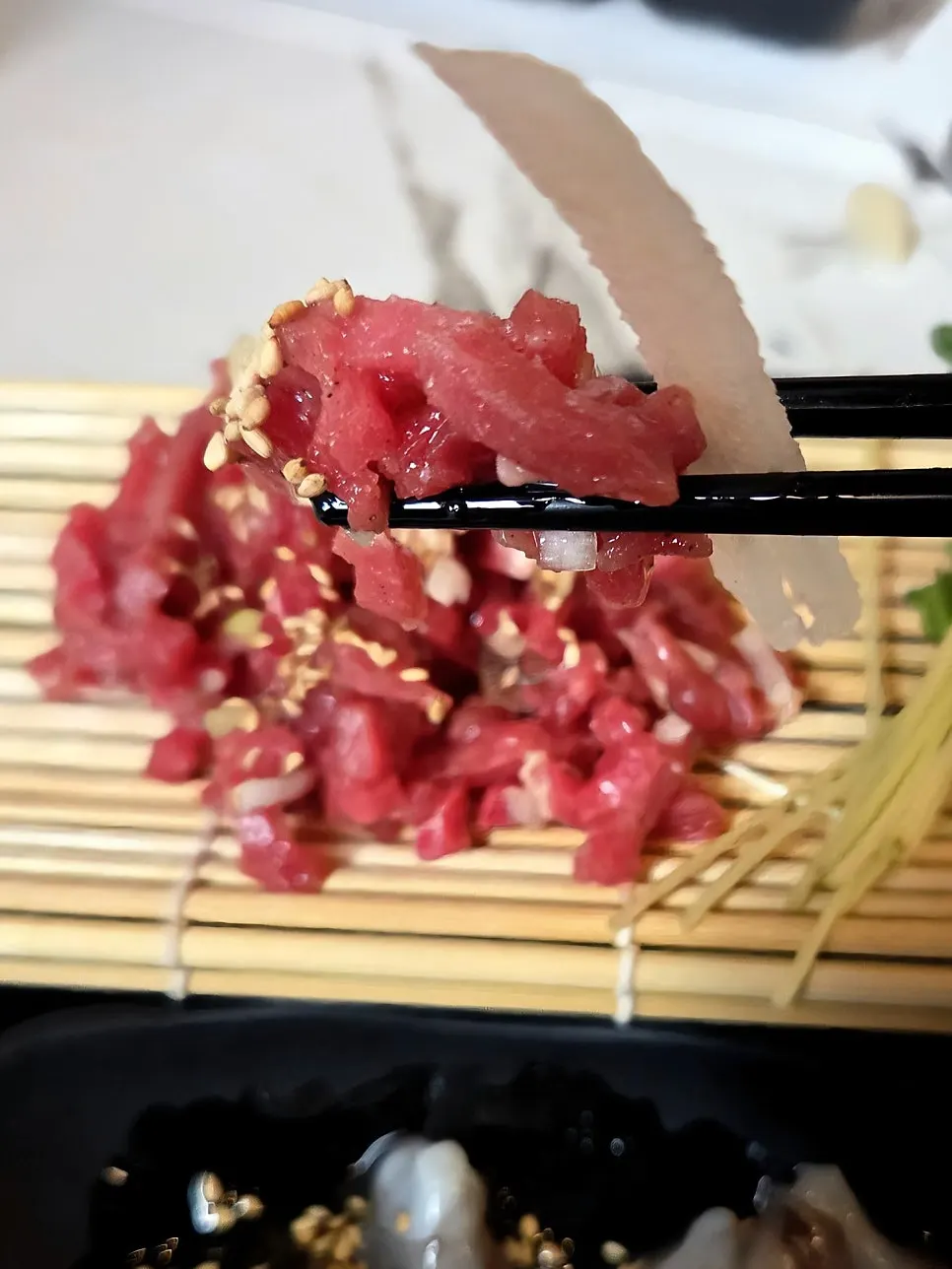 Beef tartare from the live octopus tangtangi, tasted separately