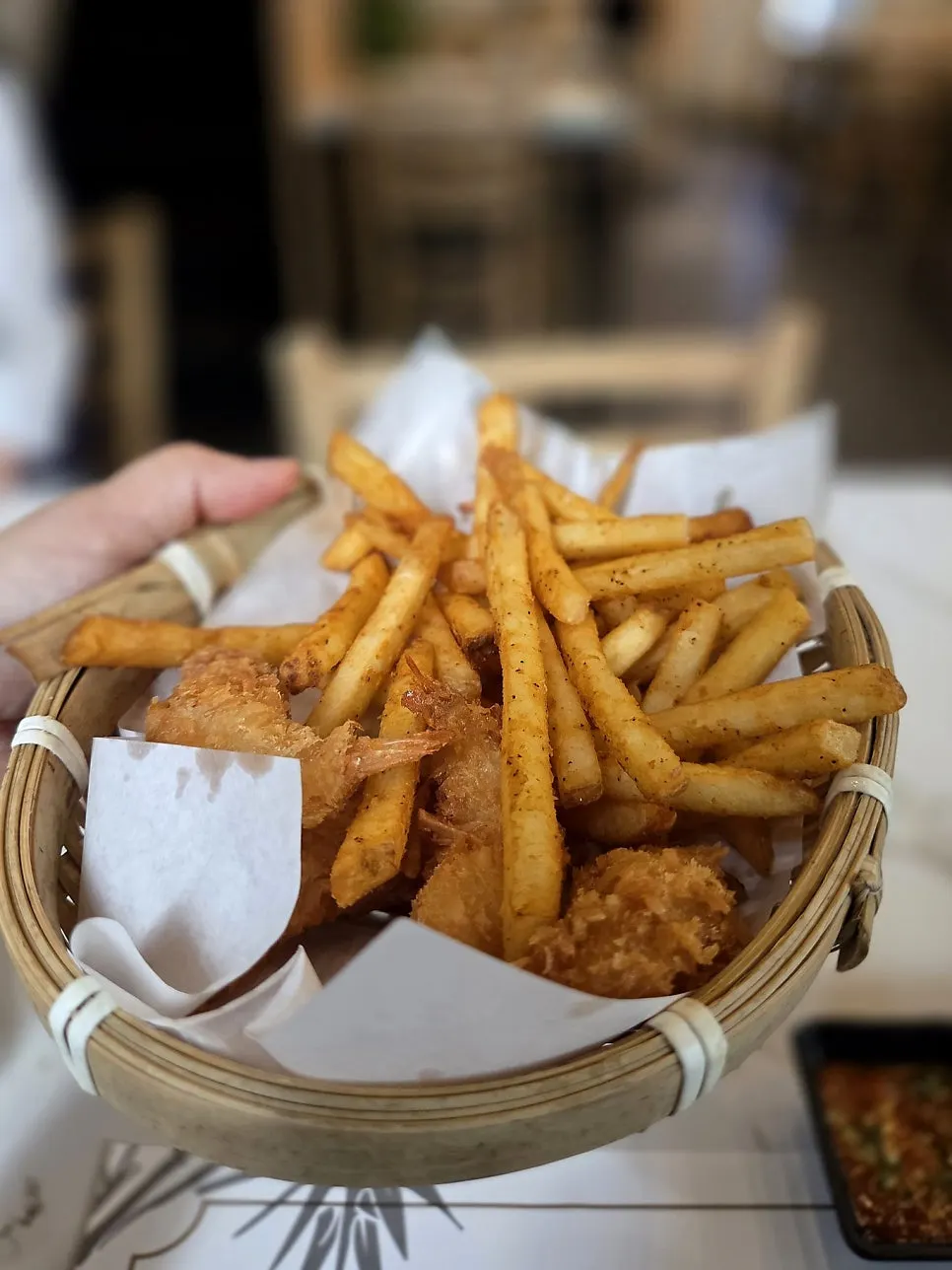 Fries and fried shrimp from the course