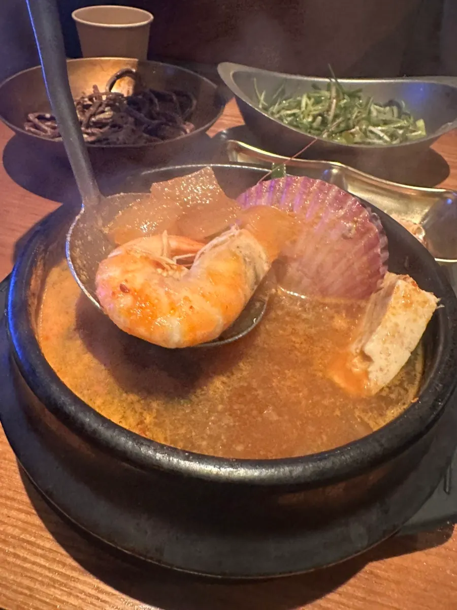 Seafood doenjang jjigae with king prawn, scallop, and abalone