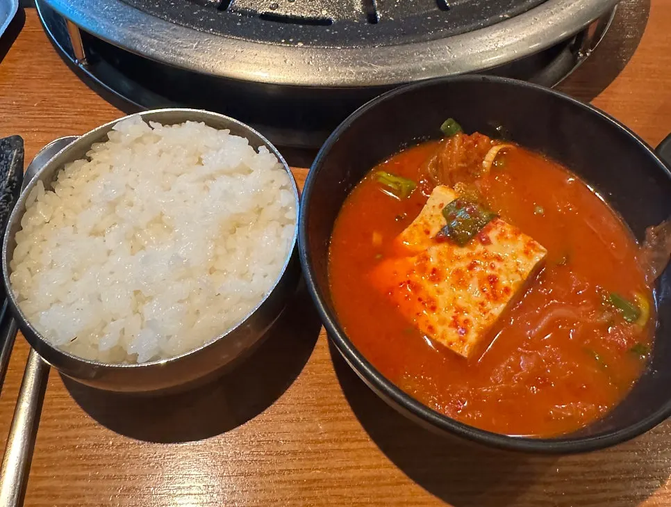Jeju pork kimchi jjigae with a bowl of rice