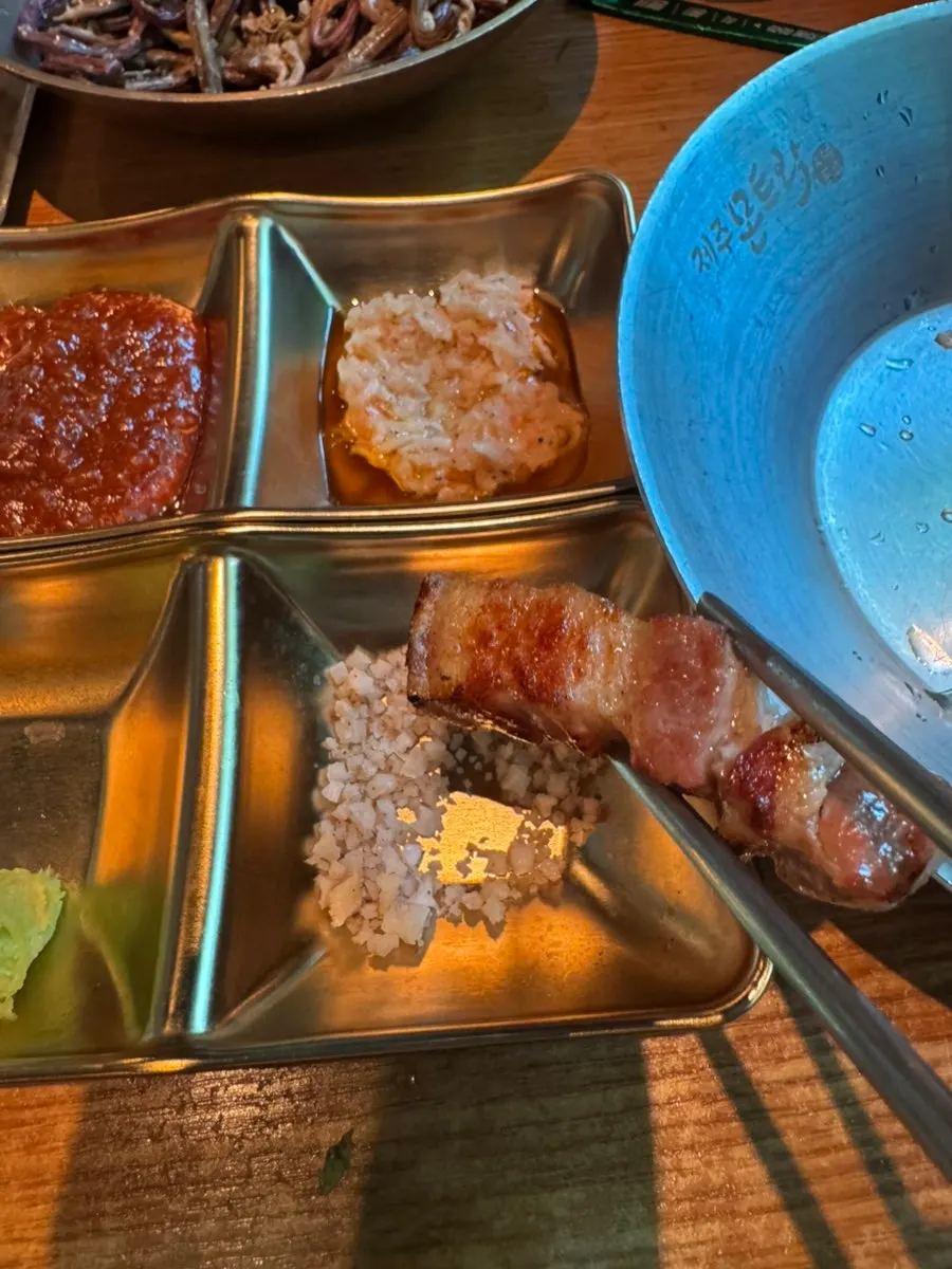 O-gyeopsal with baek-kimchi and wasabi