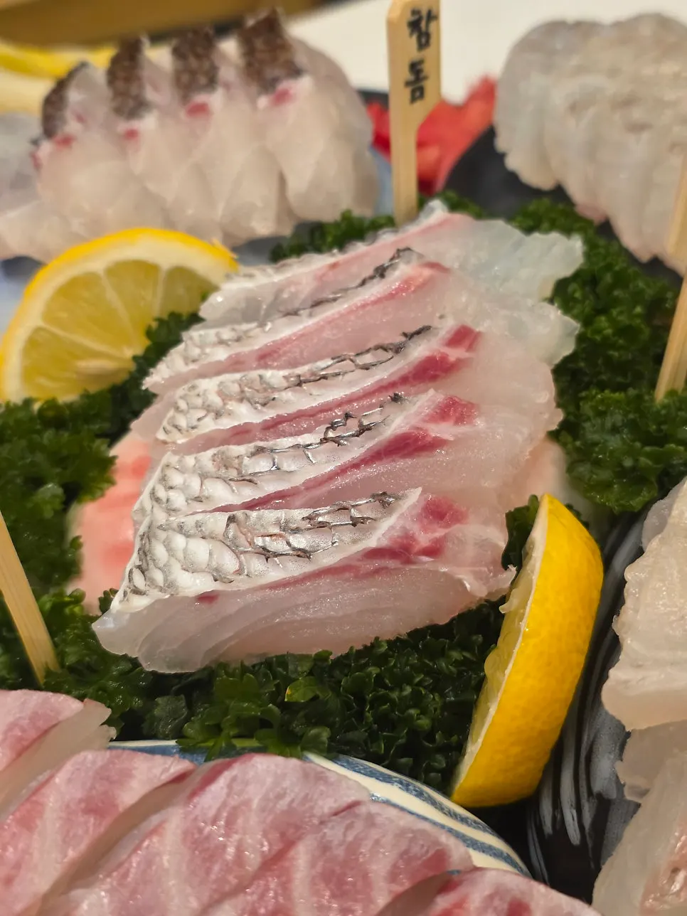 Aged sashimi served with wasabi soy sauce and makjang