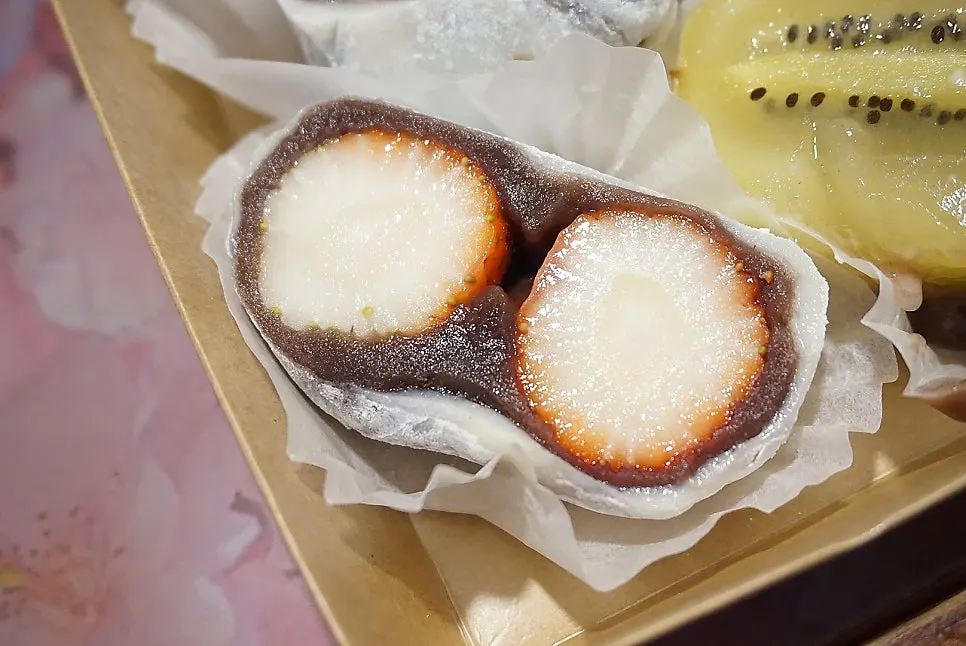 Cross-section of the fresh strawberry mochi