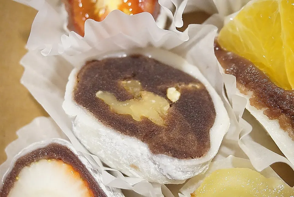 Cross-section of the sweet red bean mochi