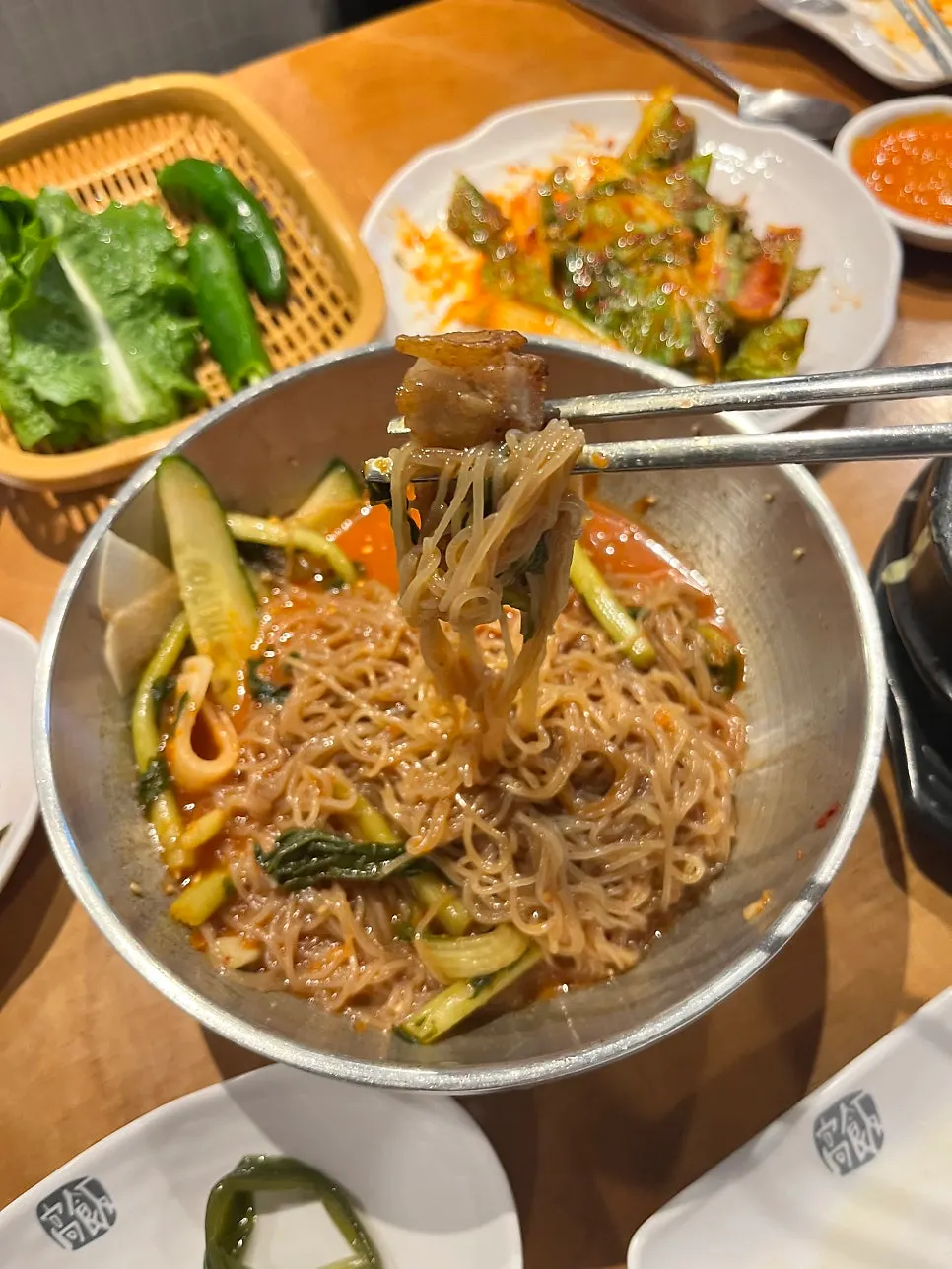 Close-up of the mixed yeolmu bibim noodles