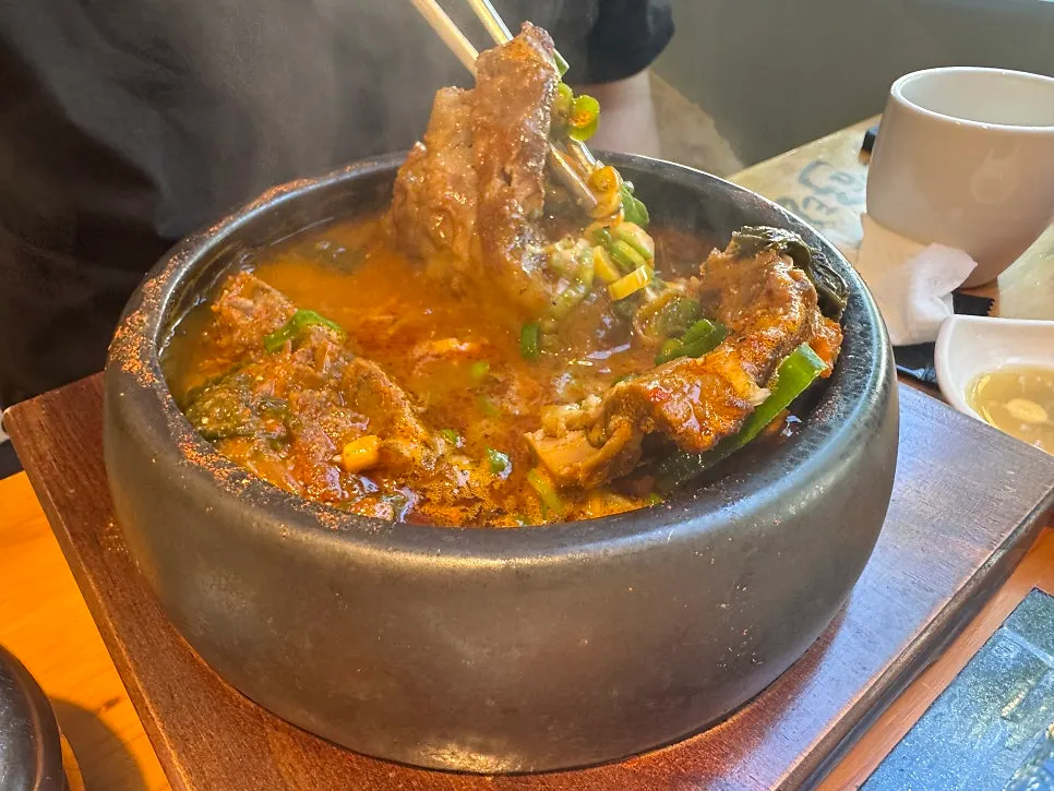 Close-up of the spicy gamjatang broth
