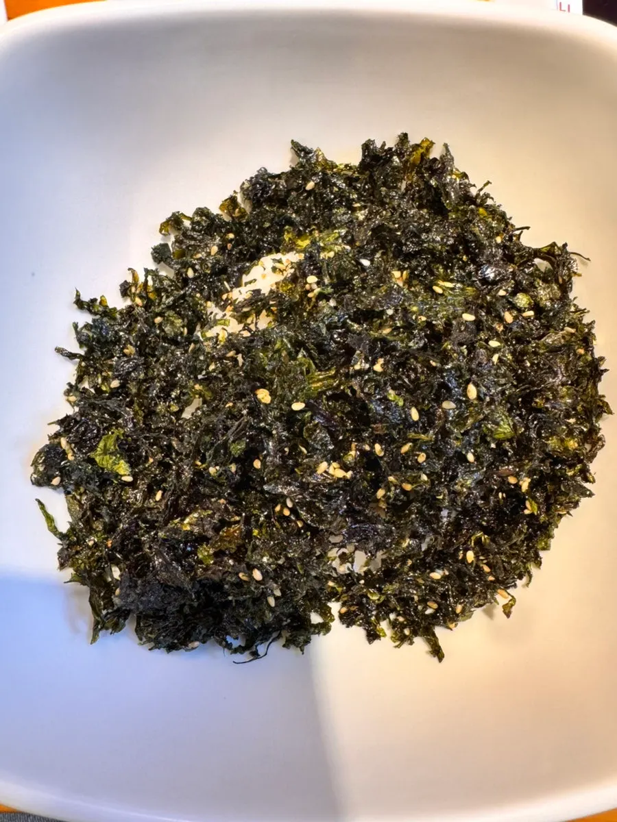 Ingredients for rice balls loaded with roasted seaweed flakes