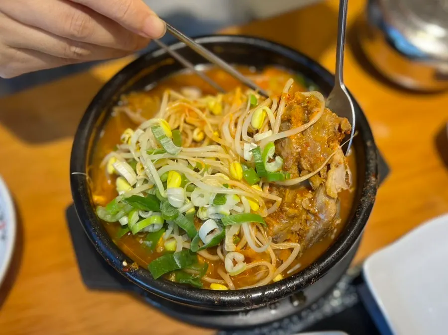 Bone and meat inside the tofu kimchi haejangguk
