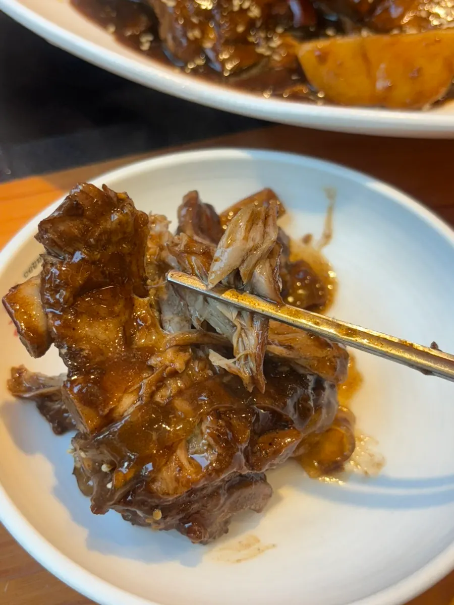 Close-up of the meat and vegetables in the bone stew