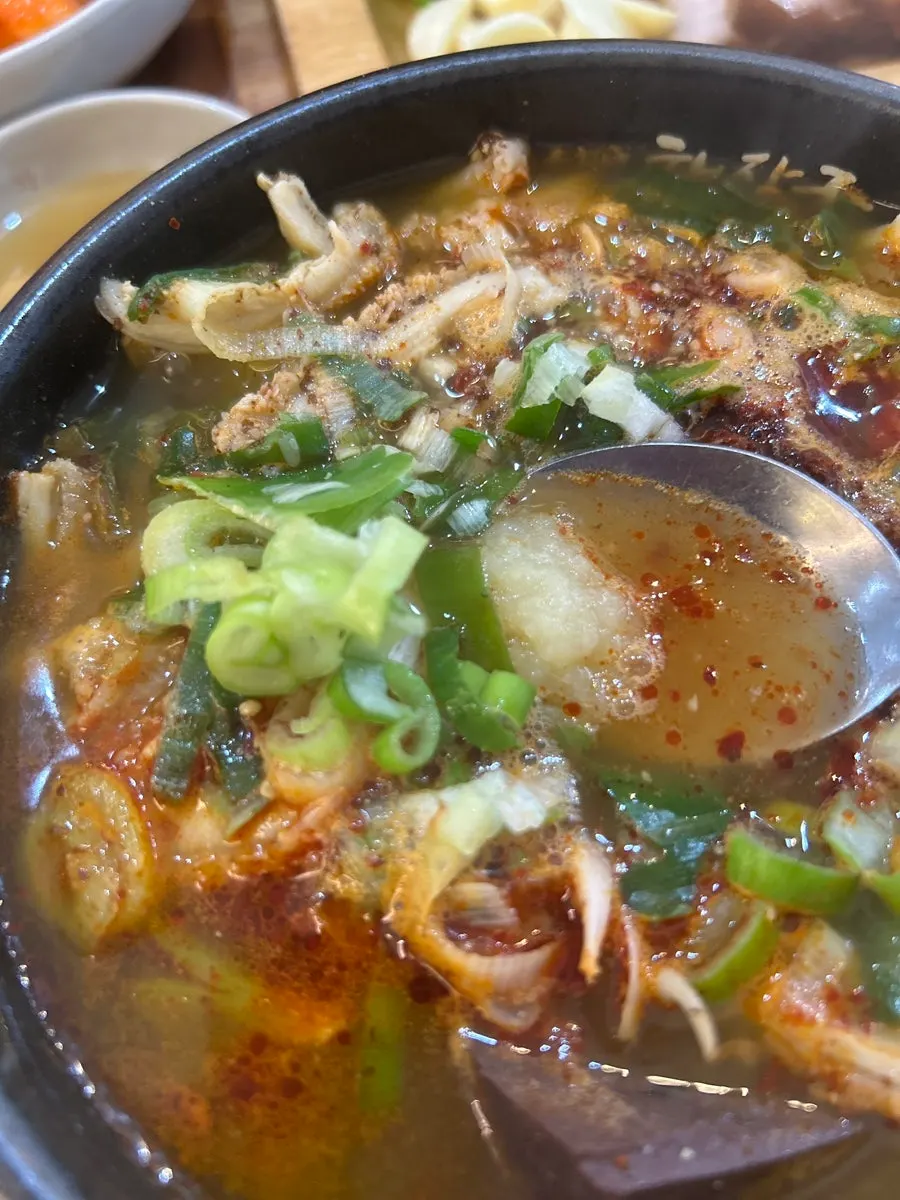 Earthenware pot of tripe soup packed with ingredients