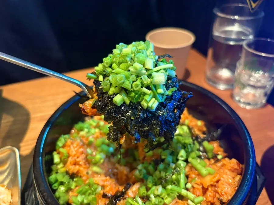 Minari kimchi fried rice served in a stone pot