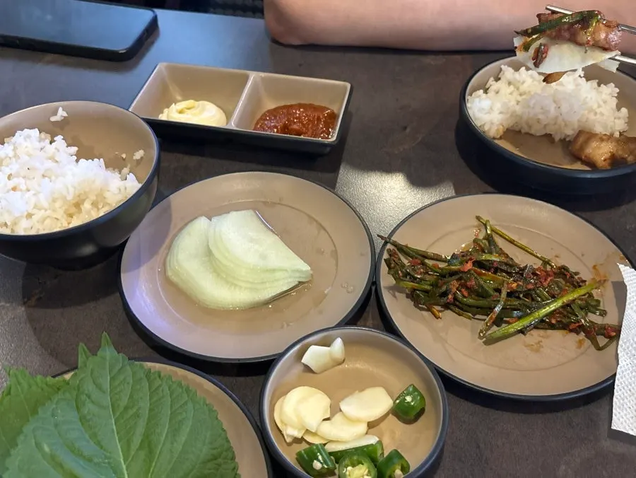 Perilla-leaf wrap and fluffy bowl of rice