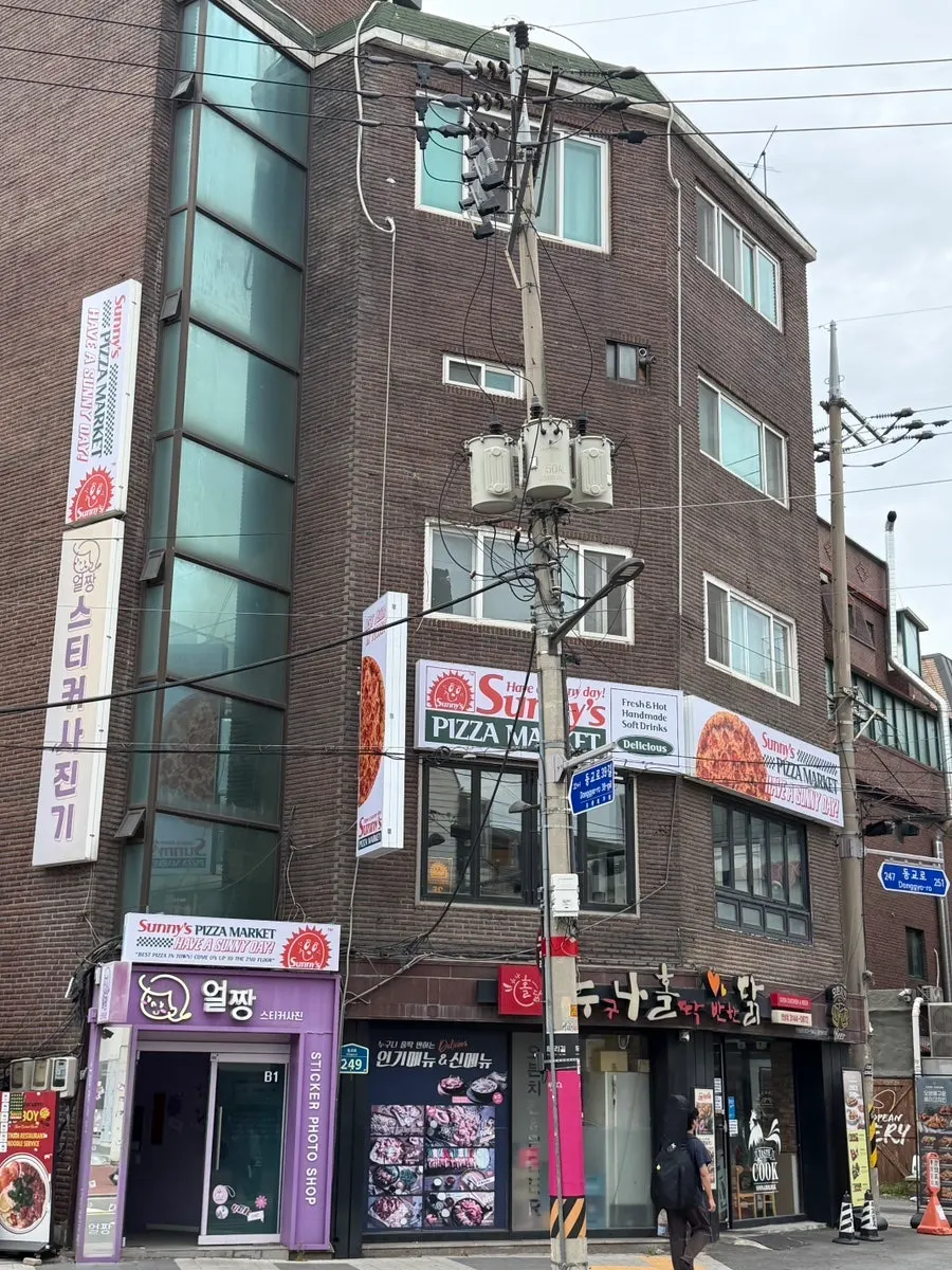Street view with the Sunny's Pizza Market sign visible